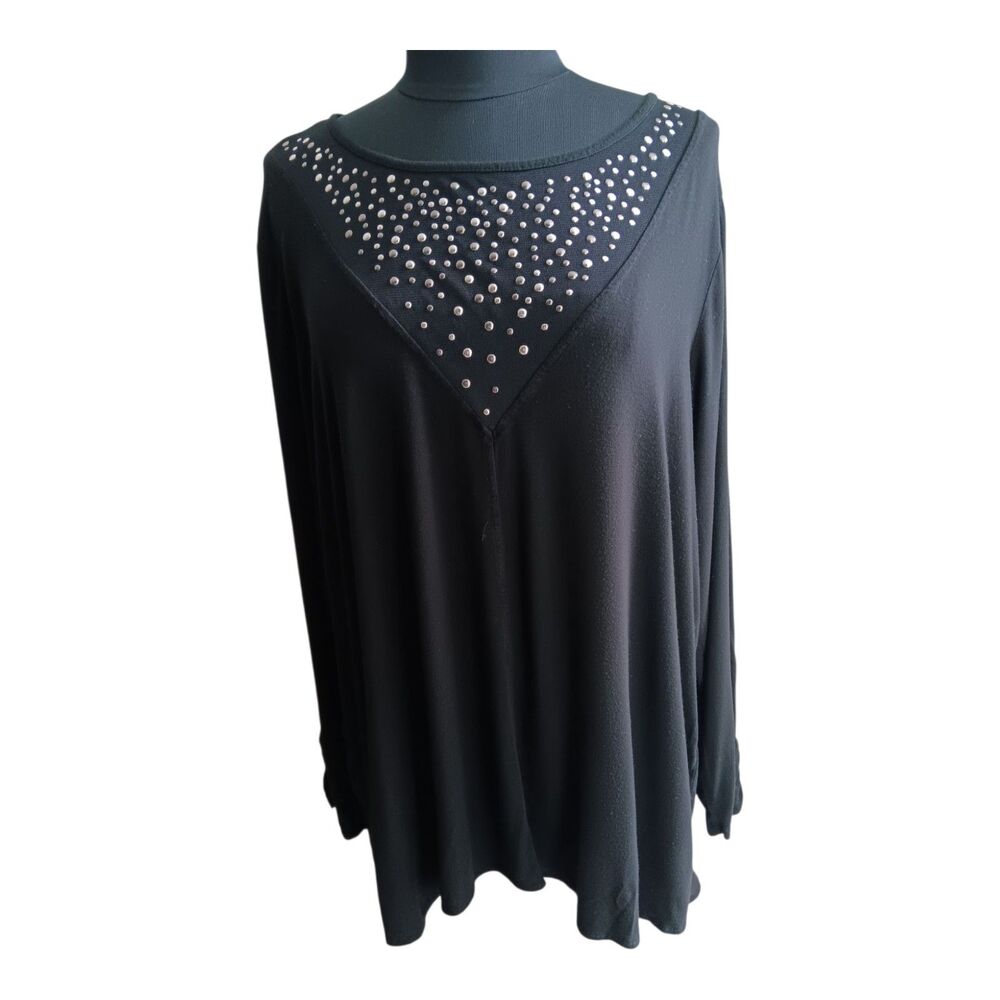 Cable & Gauge Black Long Sleeve Top Mesh Embellished Yoke Hi Lo Hem Mesh Plus 1X